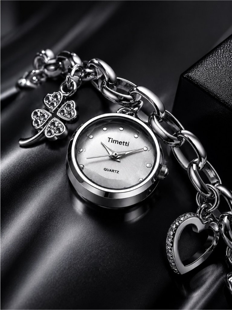 Silver Charm Bracelet Watch With Mixed Charms